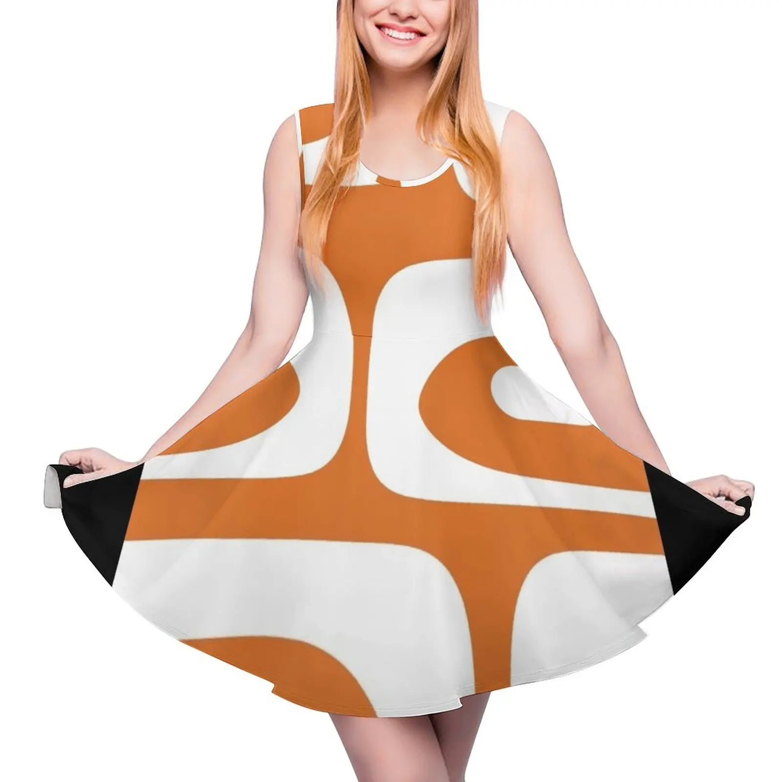 

Платье женское среднего века без рукавов, современное летнее платье с абстрактным узором в красно-оранжевом и белом цвете, одежда для женщин