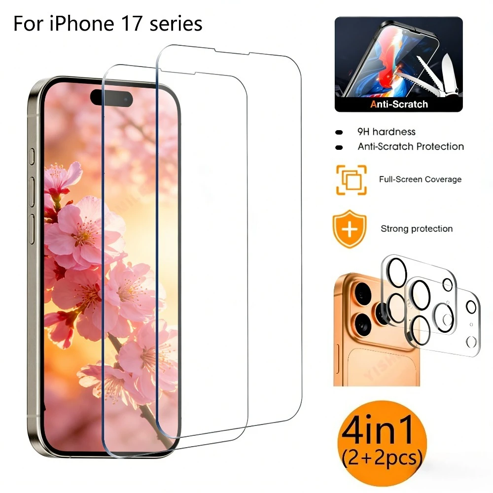 

2Pcs Ultra Clear Screen Protector for iPhone 17 16 15 14 Pro Max Air 17e 16 15 Plus 13 12 11 Pro With 2Pcs HD Camera Lens Glass