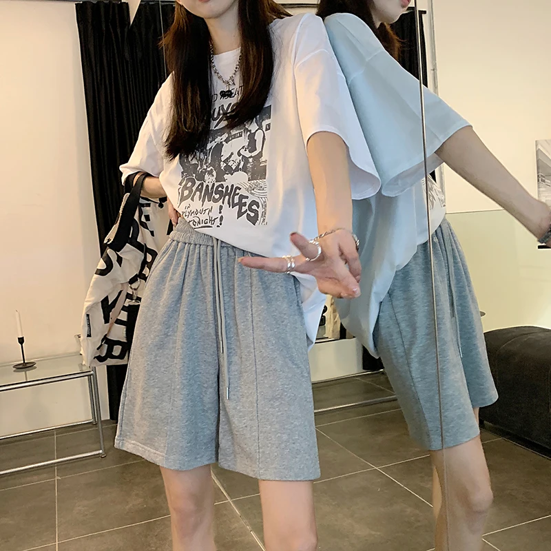 Casual Shorts Women Wide Leg Baggy Summer Sporty Kawaii All-match High Waist Preppy Ulzzang Chic Young Pure Color Ropa De Mujer