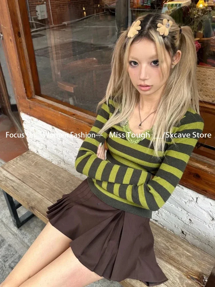 Subculture Y2k Green Striped Pullover Vintage 2000s Style Lace Knitted Tops Harajuku Fairycore V-neck Slim Thin Sweater Elegant