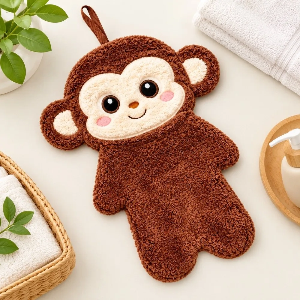 New Monkey Shape Hanging Hand Towel Absorbent Quick Dry Coral Fleece Towel Soft Odor Resistant Cartoon Hand Cloth Multipurpose
