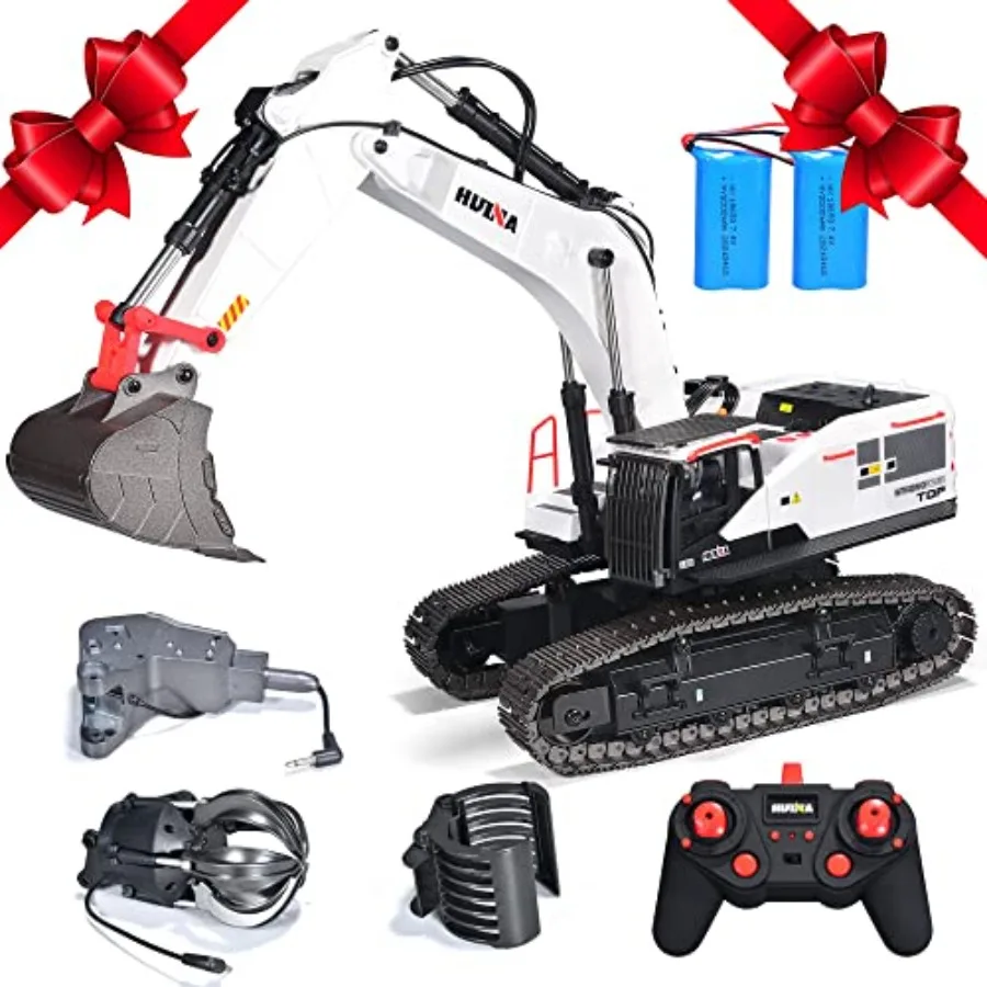 

Outdoor construction vehicle hobby RC excavator with metal body yellow color realistic lights and sounds 4 attachments 2 rechar