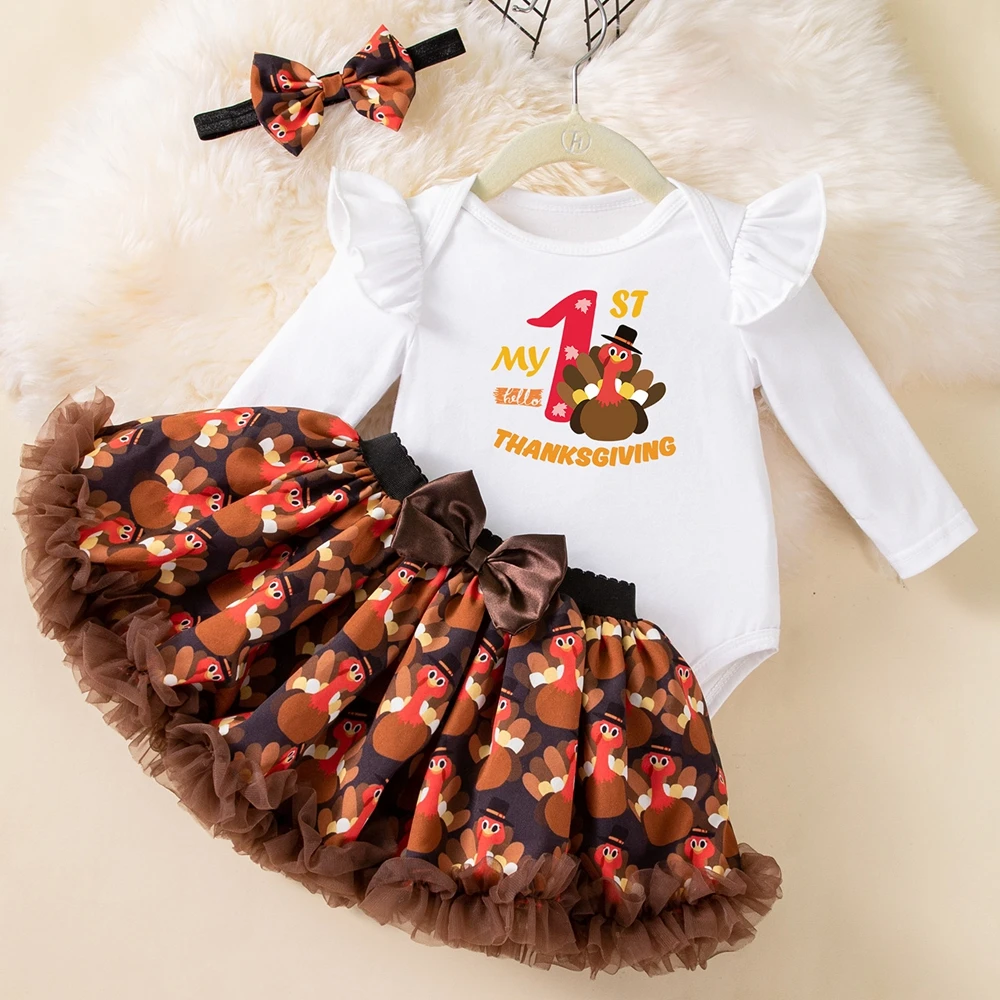 My First Thanksgiving Outfit Baby Girl Long Sleeve Turkey Bodysuit Tutu Skirt Bow Headband Sweet 1-3 Moths Thanksgiving Clothes
