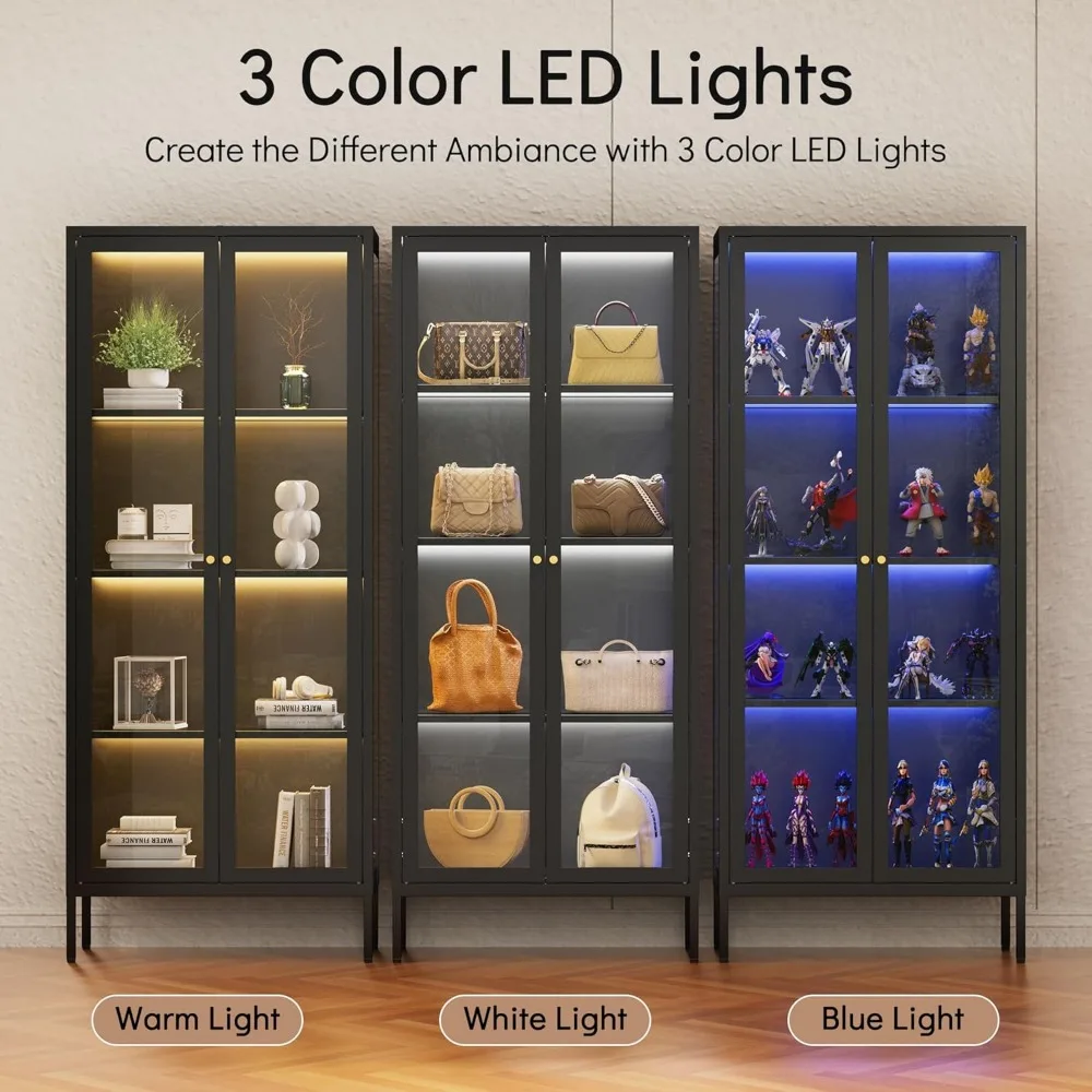 Glass Display Cabinet with 3 Color LED Lights,Black Curio Cabinet with Glass Doors, 68 Inch Tall Display Case for Collectibles,