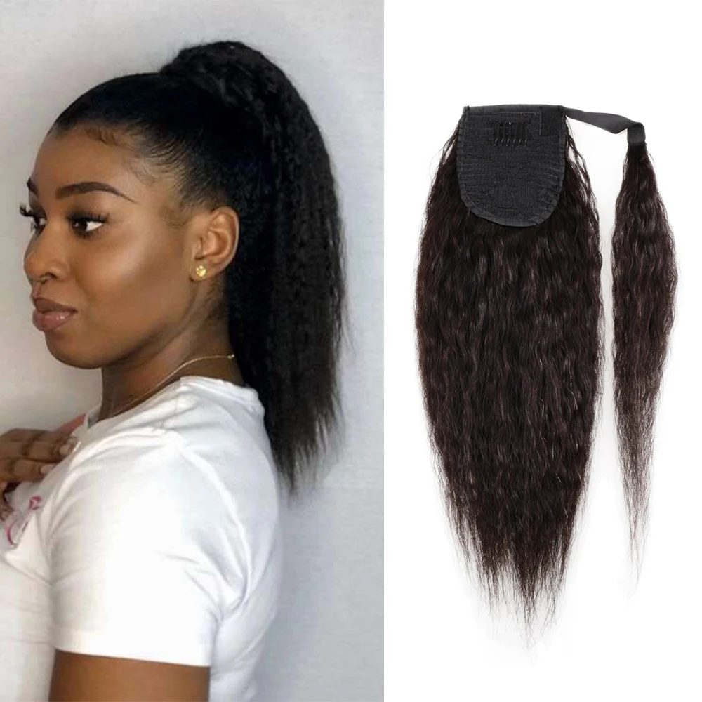 Kinky Straight Ponytaill Extensions Human Hair Wrap Around Clip in Ponytail Hair Extensions for Women Yaki Straight Hairpieces