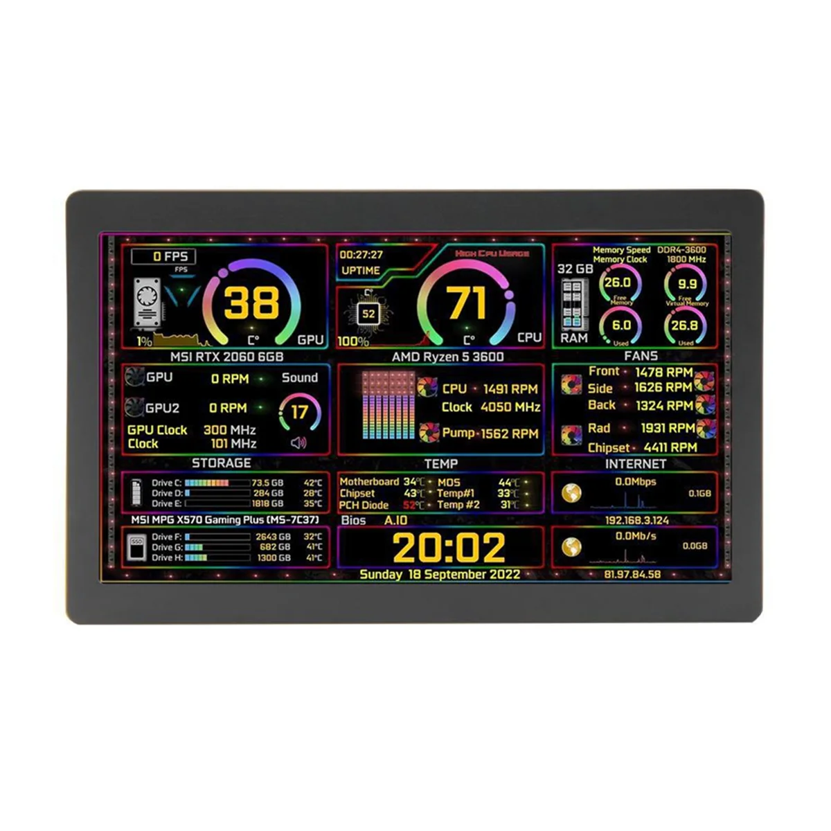 

A49T 7 Inch IPS Type-C Secondary Screen Dynamic 1024x600 LCD Display CPU GPU RAM Monitoring Support Vertical Freely AIDA64