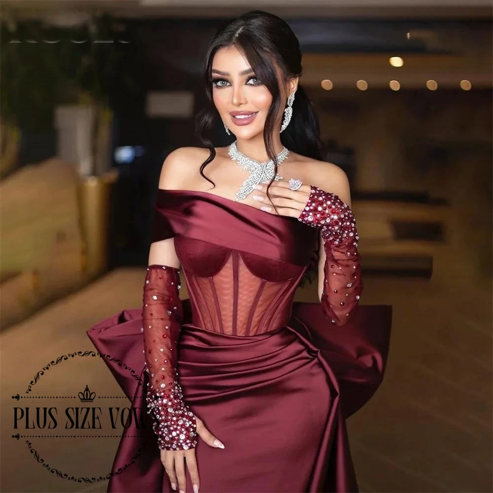 Plus Size Vows Customized Burgundy Evening Dress Mermaid One Shoulder Strapless Prom Dresses with Bow Shining Beading On Sleeve