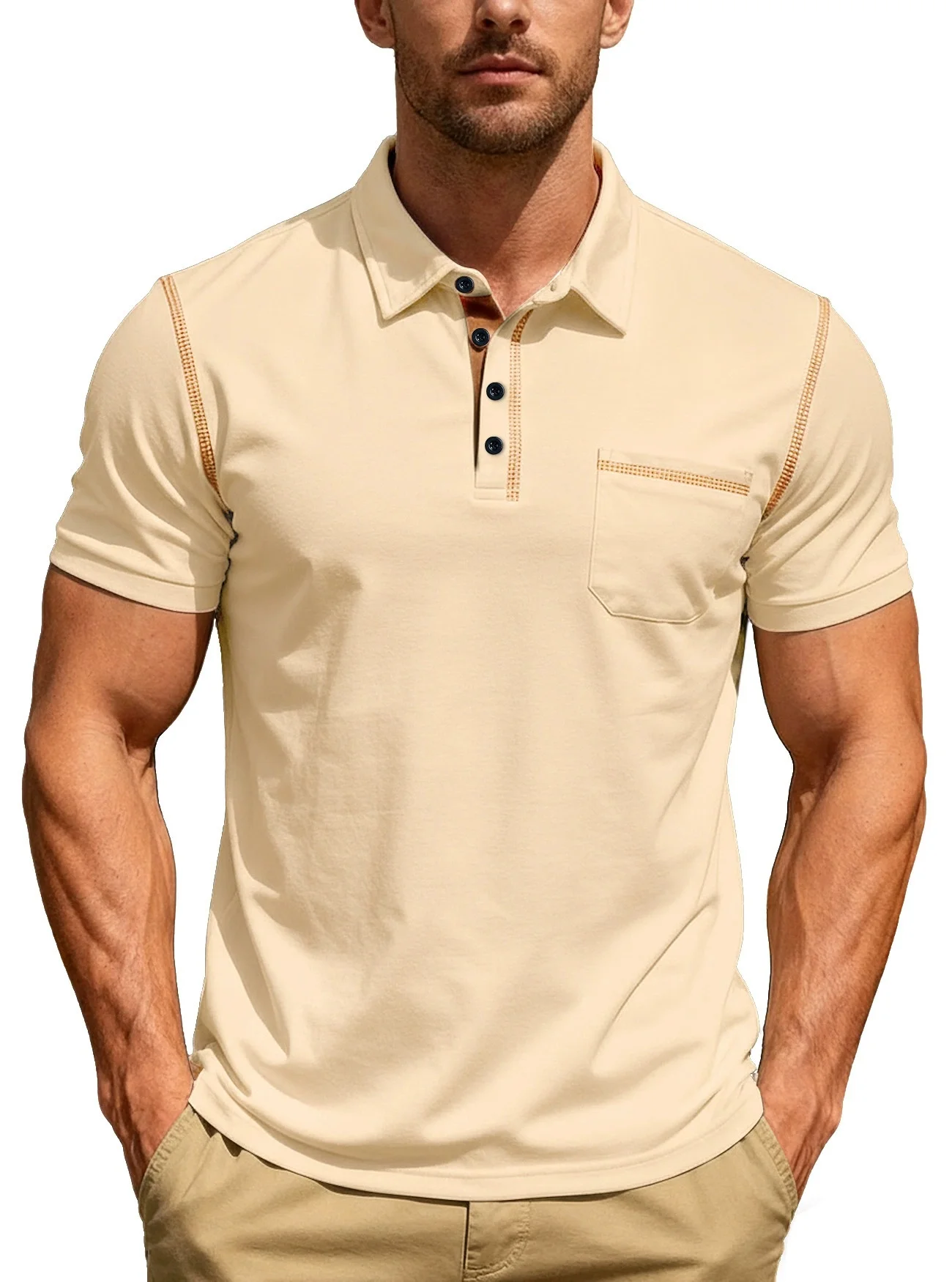 Men's summer short-sleeved buttoned pocket breathable plain-colored collar POLO shirt for casual sports and shopping purposes
