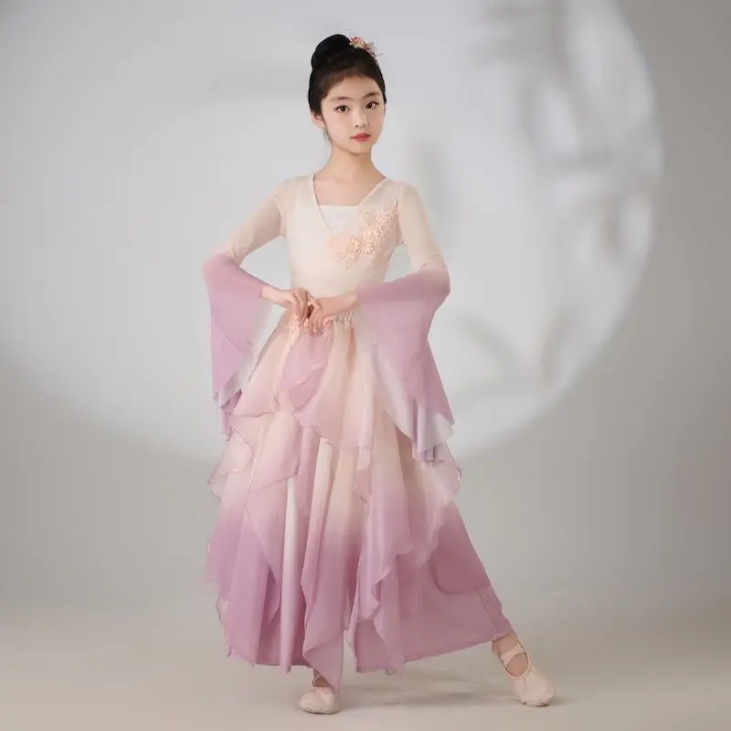 Klassische Tänzerin-Performance-Kostüme für Mädchen, Übungstanzkleidung, Schmetterlingsform, rosa Volkstanzkleid im chinesischen Stil für Kinder