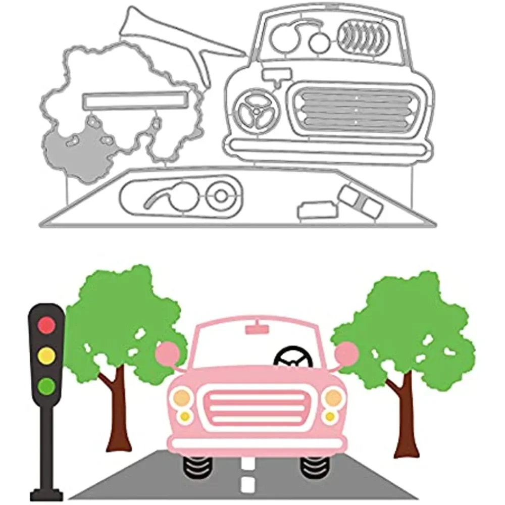 

Cars Pattern Metal Cutting Dies Template s with Traffic Light and Trees Shape for DIY Scrapbooking Greeting Cards Making Album