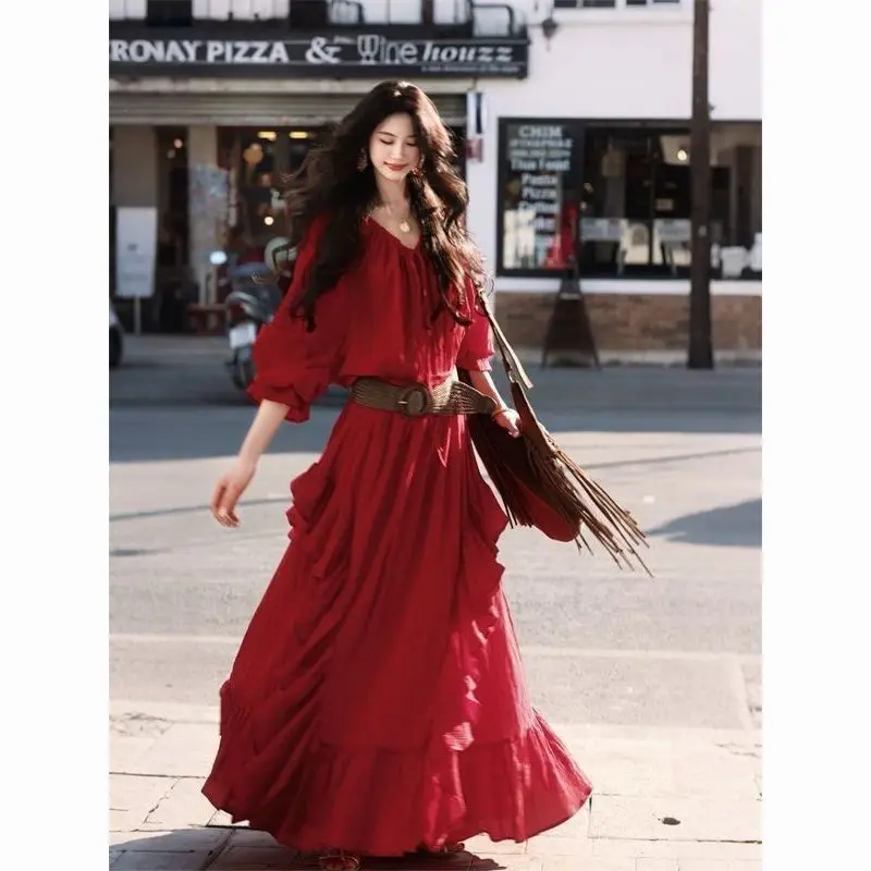 French Retro Red Dress Women Spring Autumn Elegant V-neck Ruffles Adjustable Strapless Mid-low Waist Long-sleeved Long Dress