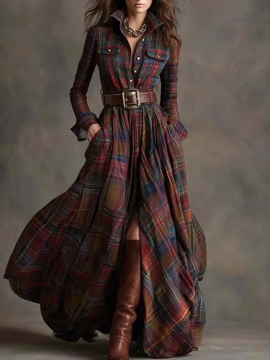 European American Women's Shirt Maxi Dress Autumn Casual Long Sleeve Button Pocket Plaid Print Lapel Retro Long Dress Vestidos 9 Sf3284a50c43d4603ab58ebf4e5f27cf14