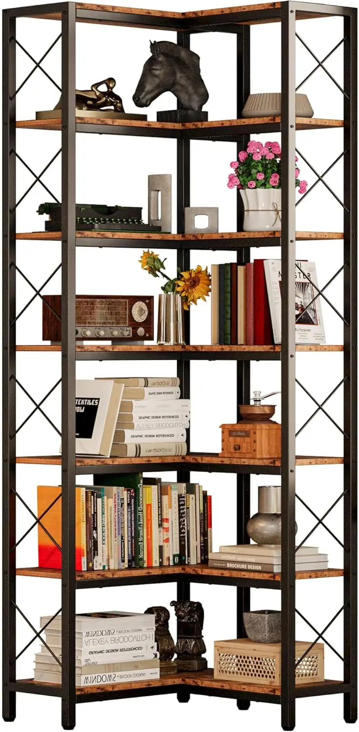 

Corner Bookshelf, 7-Tier Industrial Corner Bookcase, Tall Corner Shelf Storage Display Rack with Metal Frame for Living