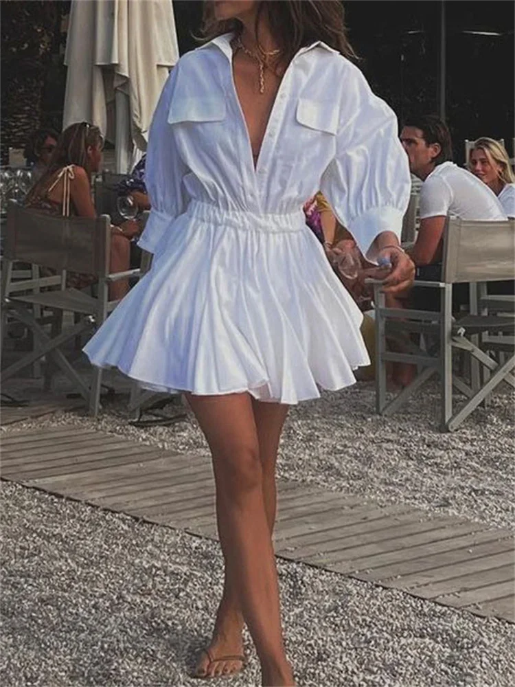 

Fmxires Casual Elegant Female Pleated Dress Patchwork Lapel Pocket Shirts Slim Short Sleeve High Waist Dress Women's Solid Dress