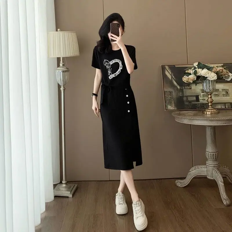 Women Summer Casual Sproty Style Short T Shirts Split Skirts Two Piece Set Lady Gray Heart Letter Tops Midi Skirt Outfits 2025
