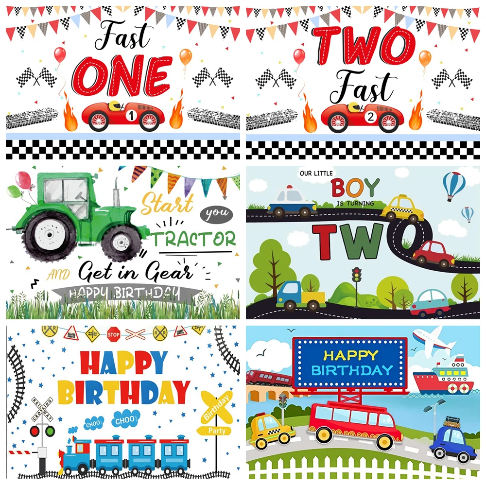 

Racing Car Birthday Backdrop Cartoon Train Transportation Theme Baby Shower Birthday Party Photography Background Photo Studio