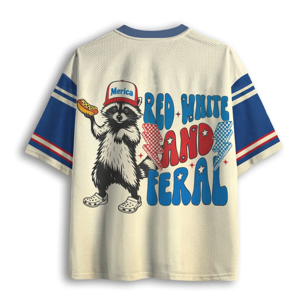 Vintage Patriotic Raccoon Red White And Feral Slogan Print USA Flag Color Block Mesh V Neck Loose Football Jersey T-shirt