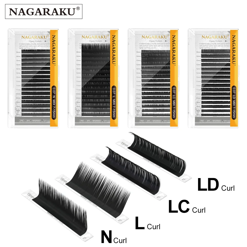 나가라쿠 컬 인조 속눈썹 연장, 여우 눈, 인조 밍크 매트 블랙, 소프트 내추럴 L + 메이크업 속눈썹, LC, LD, N, L, M, 7-15mm 믹스