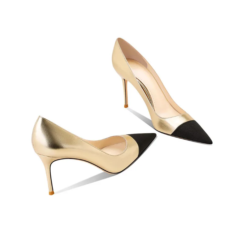 حذاء نسائي بكعب عالٍ من الجلد الطبيعي 2025 حذاء ذهبي جديد بمقدمة مدببة وكعب نحيف أنيق ومتعدد الاستخدامات #3