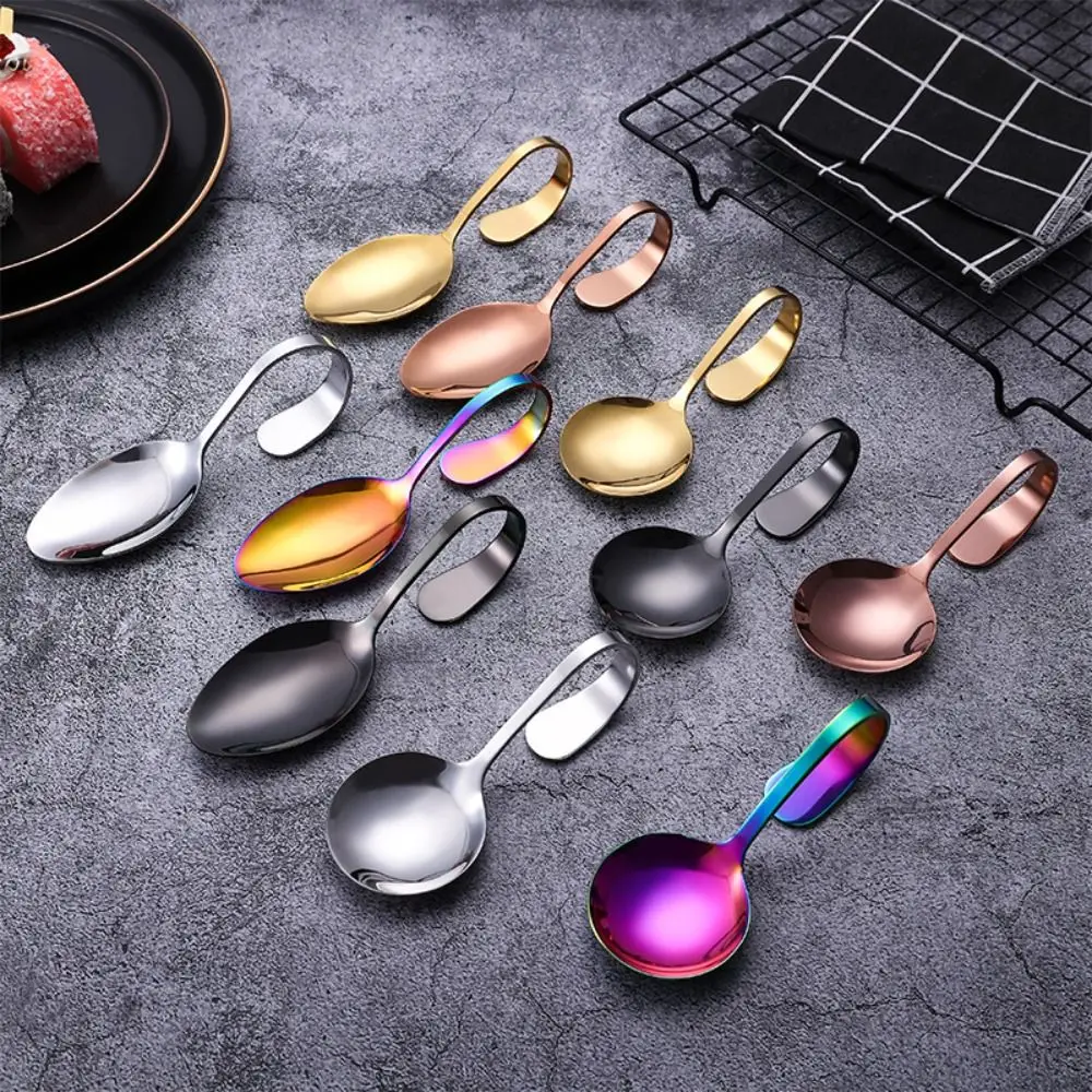 Stainless Steel Curved Handle Spoon Rustproof Portable Serving Spoons Comfortable Grip Safe Arc Soup Spoon Baby