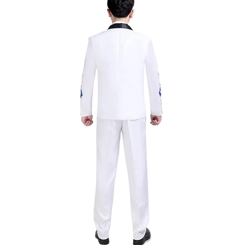 (Jacket + Pant) New Men Luxury Stage Performance Suit Slim Fit 2Piece Male One Button Embroidered Blazer and Pure Colour Trouser