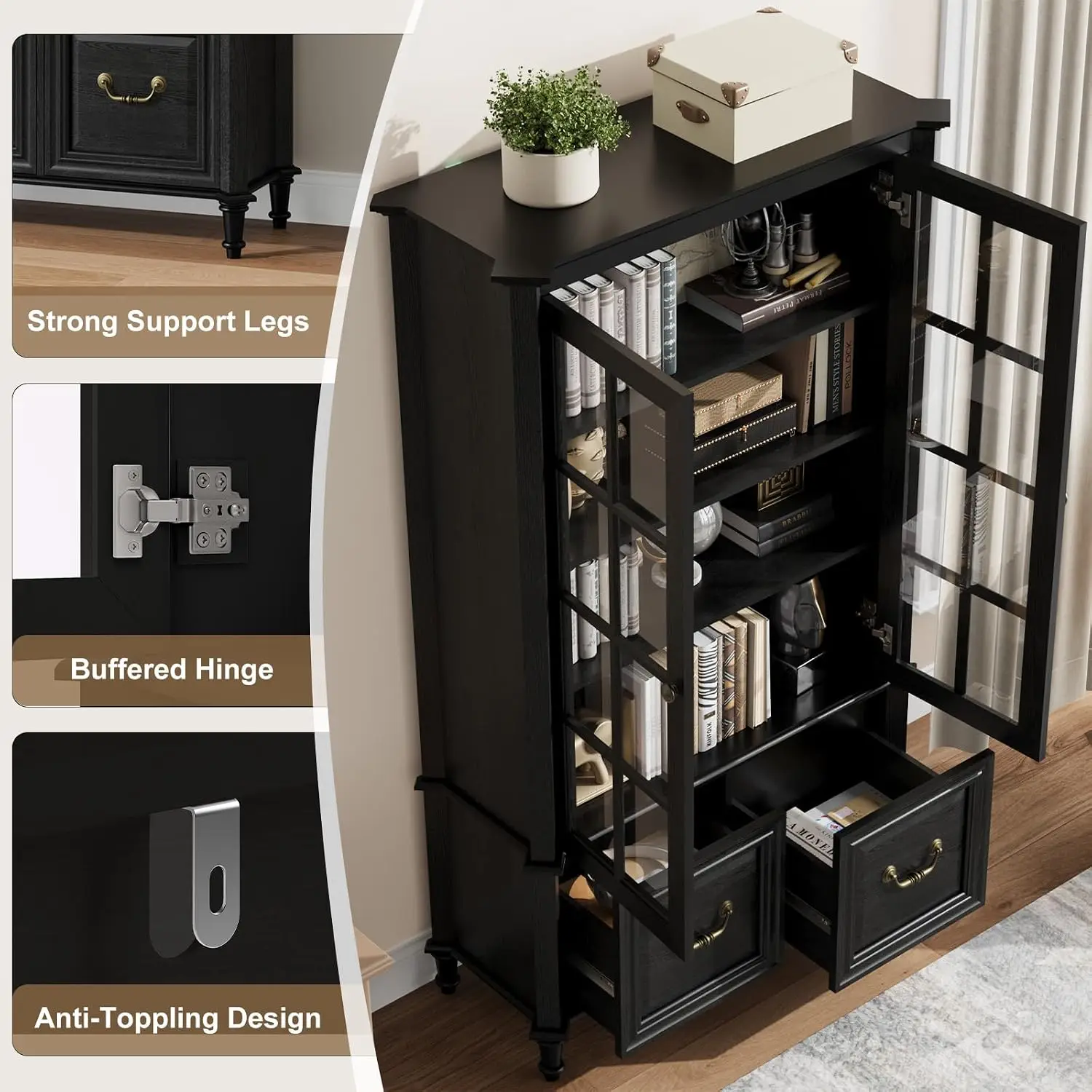 63 Inch Tall Display Storage Cabinet With Glass Doors Solid Wood Legs 2 Drawers Adjustable Shelves Vintage Curio Bookcase Freestanding Bookshelf For Living Room Office Dining Room Home Furniture Black - view 6