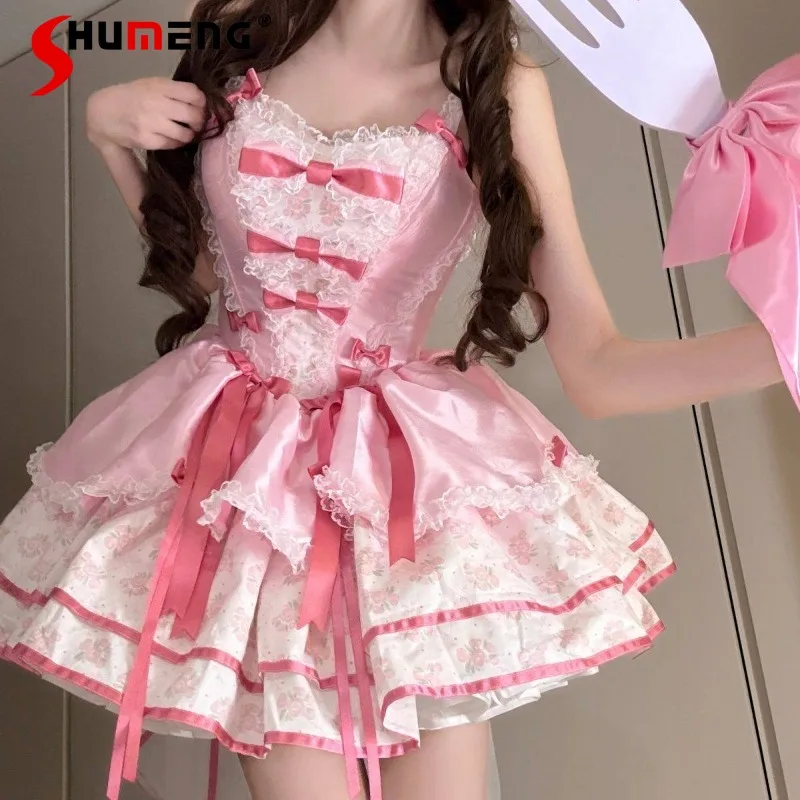 

Pink Bone Dress Sweet Girl's Slim-fit High-waisted Tie-waist Short Dresses Y2k Clothes Popular Design Birthday Party Vestidos