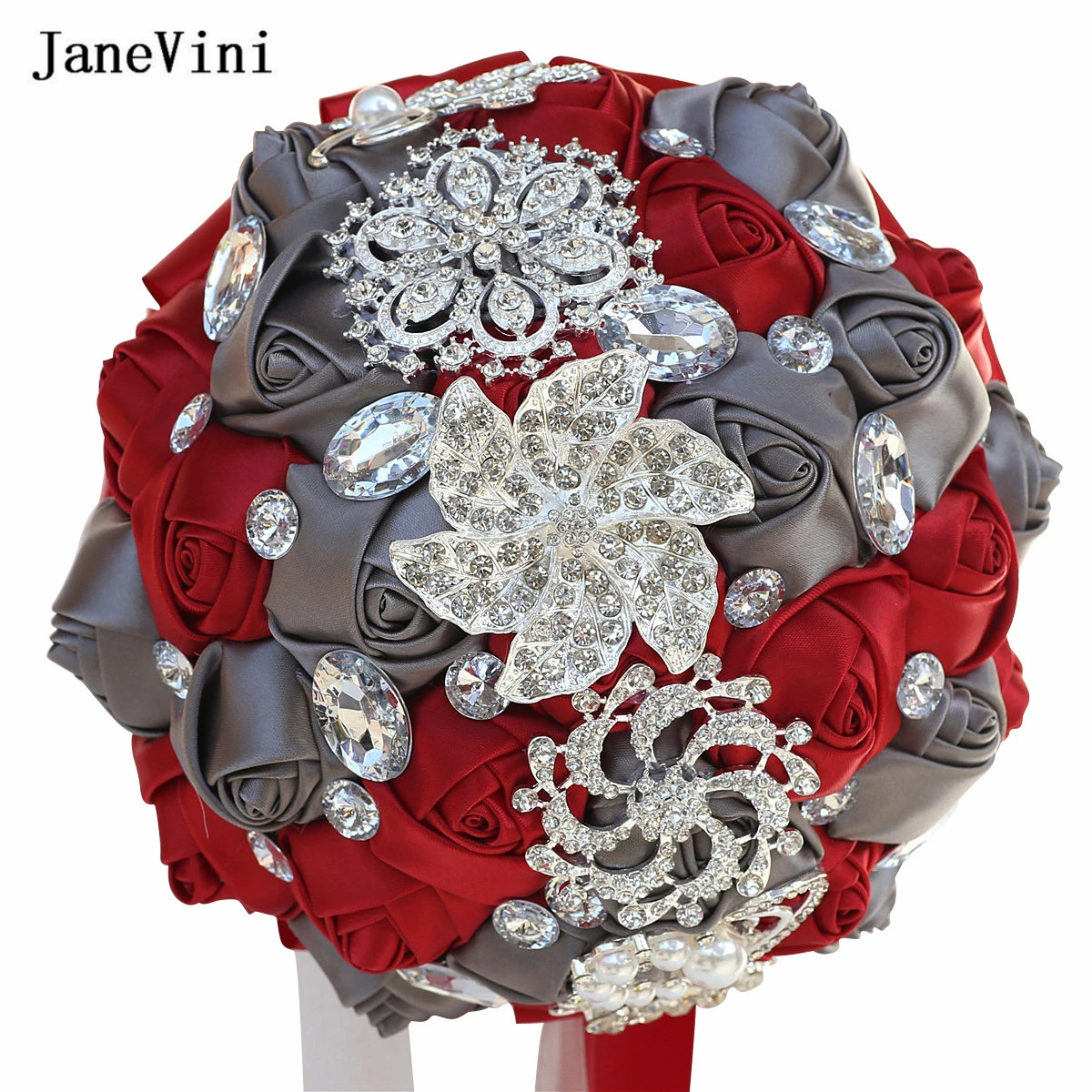 

JaeVini Dark Gray Bride Holding Flowers Handmade Burgundy Satin Roses Rhinestone Pearls Bridal Fake Bouquets Wedding Accessories