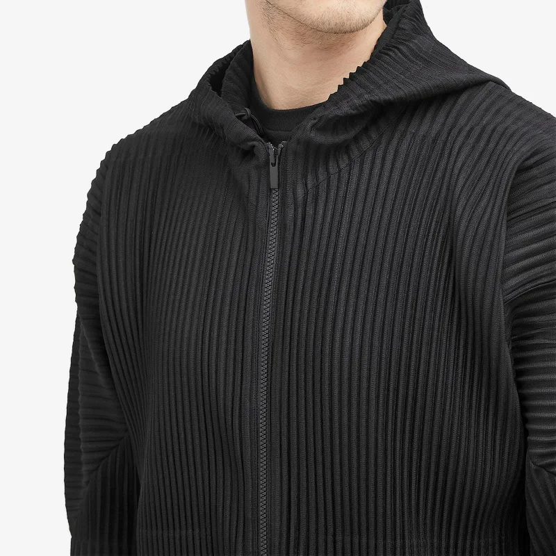 Miyake Pleated Men Zip Up Plisse Hoodie Two Way Zipper Jacket Japanese Streetwear Hooded Cardigan Casual Loose Coat