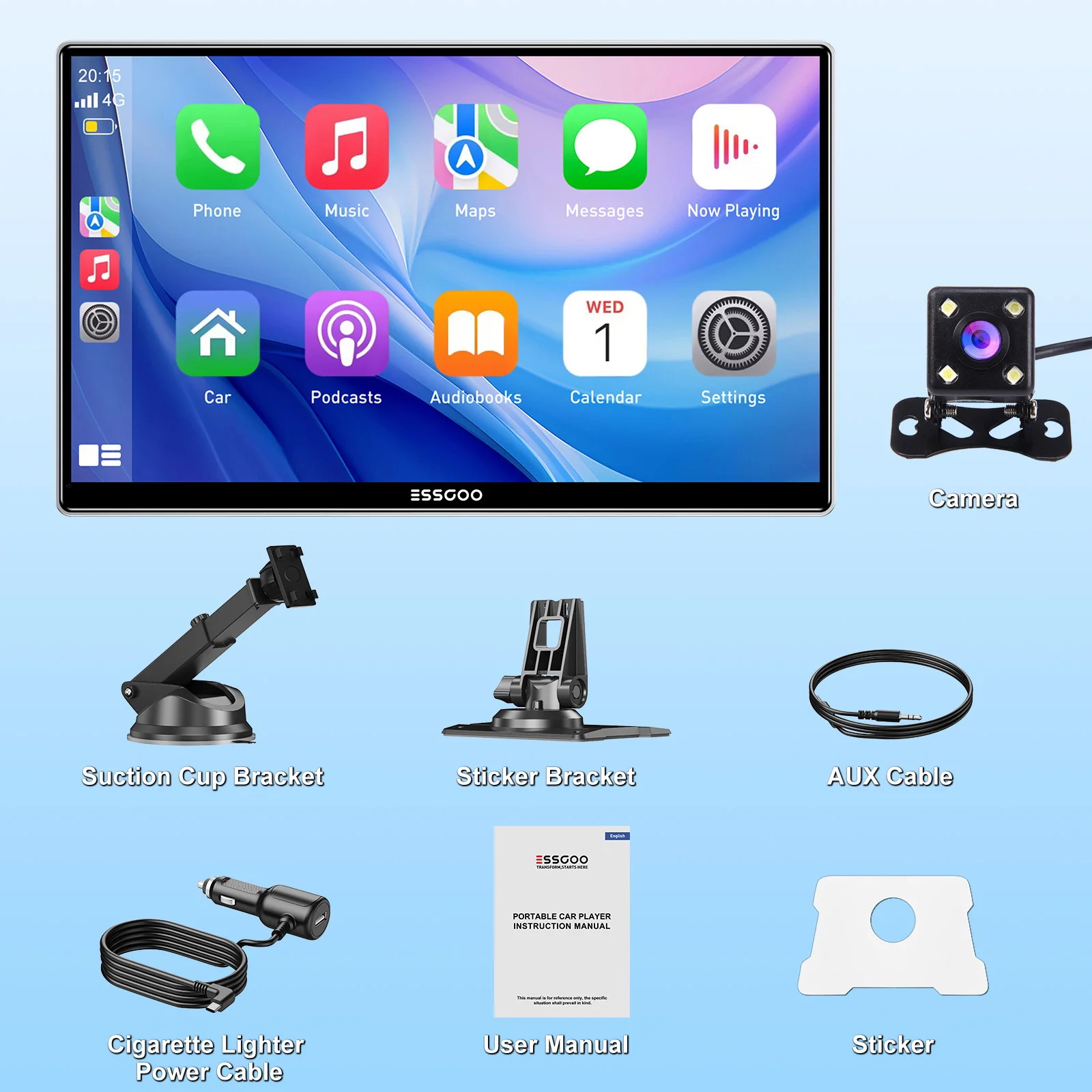 ESSGOO 9-Zoll-Touchscreen, tragbares Autoradio, Radio, kabellos, Apple Carplay, Android, Auto, USB, TF, Bluetooth, Spiegellink
