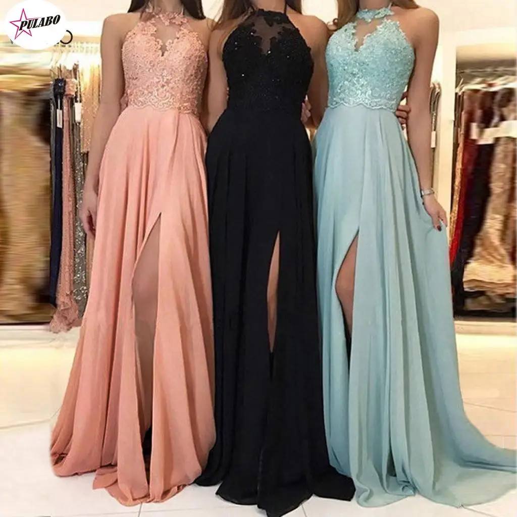 PULABO Dress Fashion Womens Formal Chiffon Sleeveless Halter Dress Prom Evening Party Long Maxi Dress Women Vestidos Female