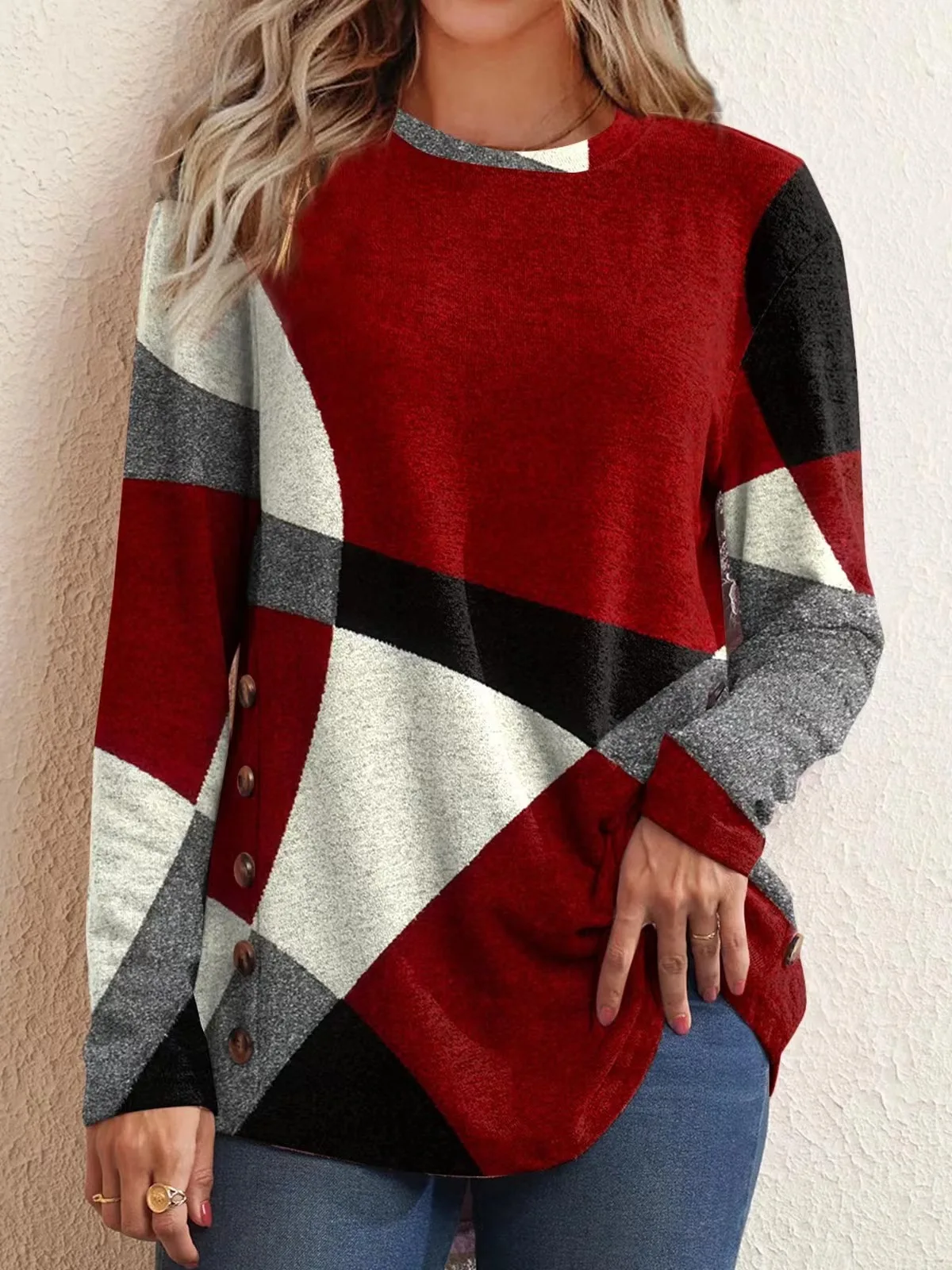 Europejskie i amerykańskie kobiety Casual Color Block Long Sleeve Buttons Top Dressy Casual Geometric Tunic Tops Crewneck T Shirts