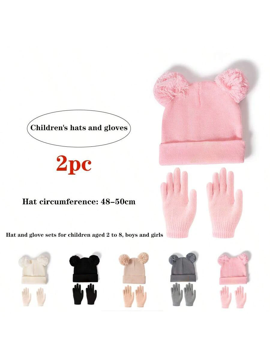 2pcs  children's double ball winter knitted hat, gloves, hat set