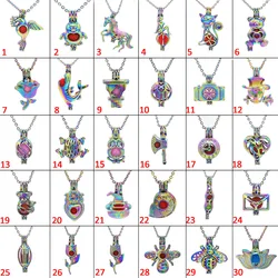 1Pc Charms Bird Cat Rose Lotus Flower Shark Insect Honeybee Mermaid Pearl Cage Locket Diffuser Jewelry Pendant Necklace Gift