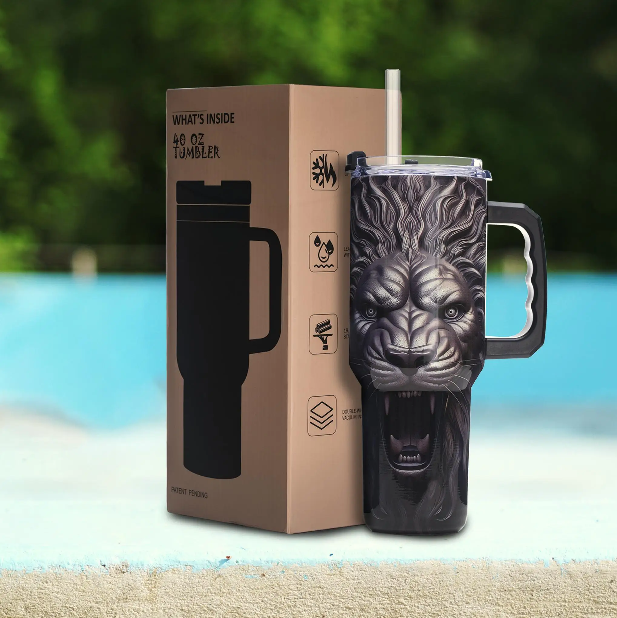 

Стакан из нержавеющей стали с вакуумной изоляцией, 40 унций, с ручкой, 3D принтом льва, нескользящим дном, дорожная кружка для подарка мужу