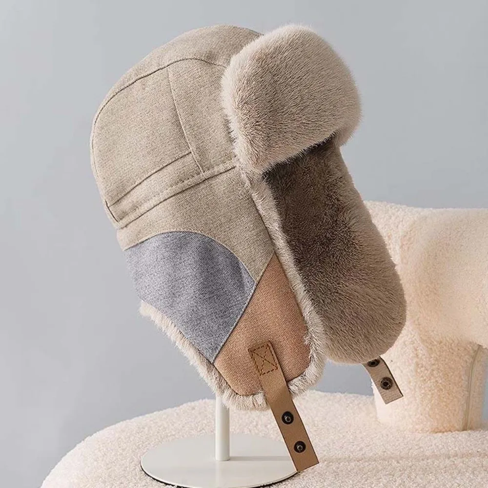 Color Block Winter Trapper Hat Thick Thermal Ear Flap Warm Earflap Cap Cold Proof Fleece Lined Patchwork Ski Cap Winter Bikers