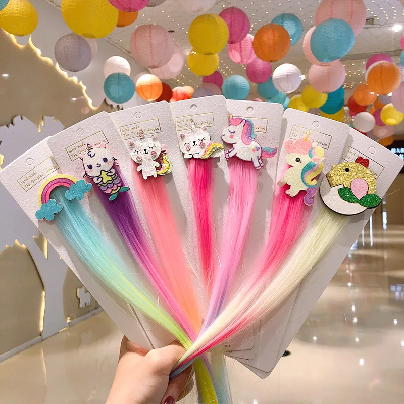 Children Cartoon Rainbow Wig Hairpins Unicorn Hair Clips Girls Cute Rabbit Cat Animals Headbands For Kids Hair Accessories