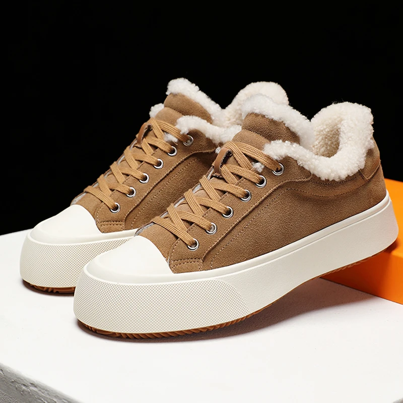 

Winter Fashion Fur Casual Snow Boots Mens Cotton Shoes Male Genuine Leather Office Lace Up Thick Wool Warm Sport Flats Male