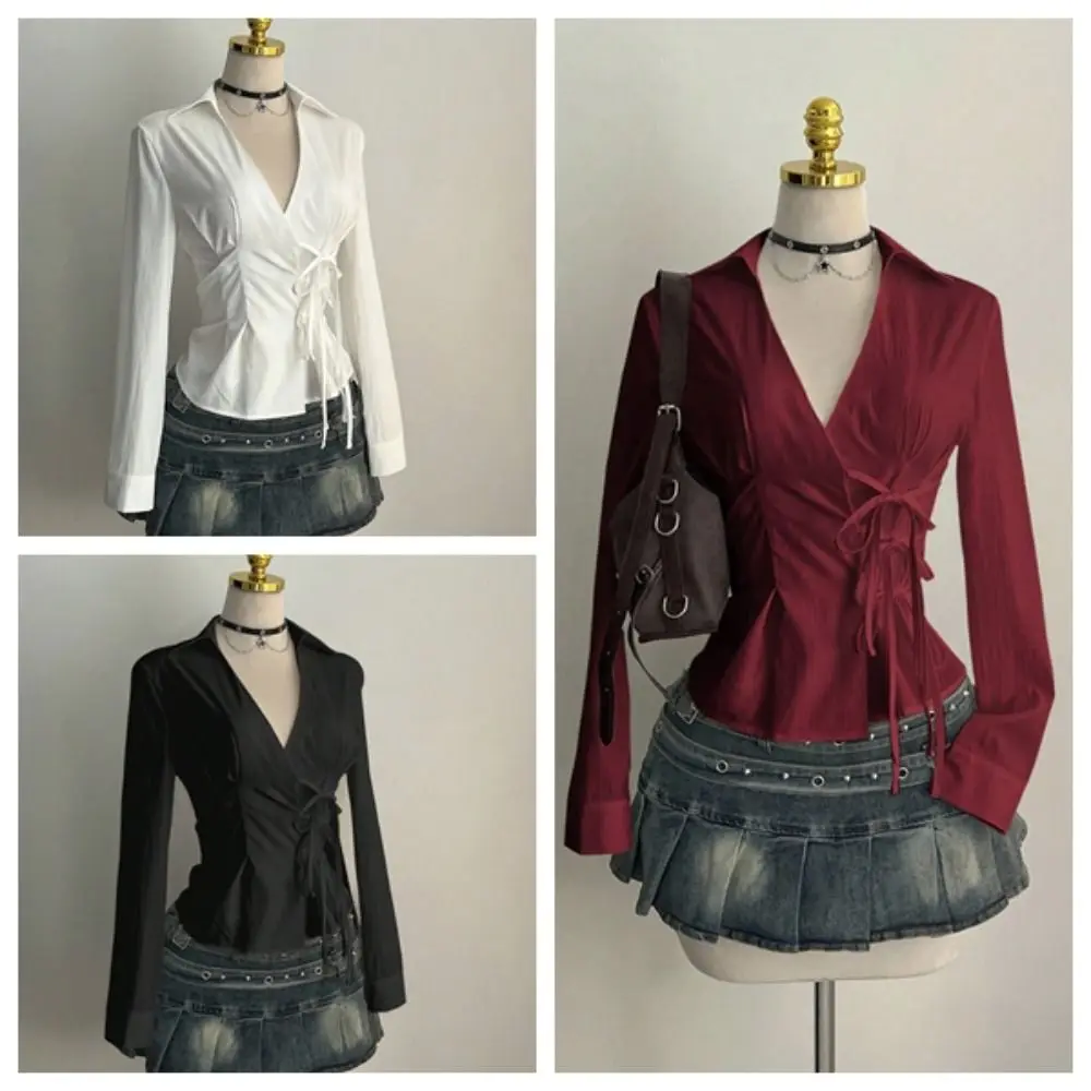 Street-Style Langarm Slim-Fit Hemd Harajuku Y2K Damen Tailliertes Hemd V-Ausschnitt Büro Ästhetische Bluse Frühling Sommer – Detail 1