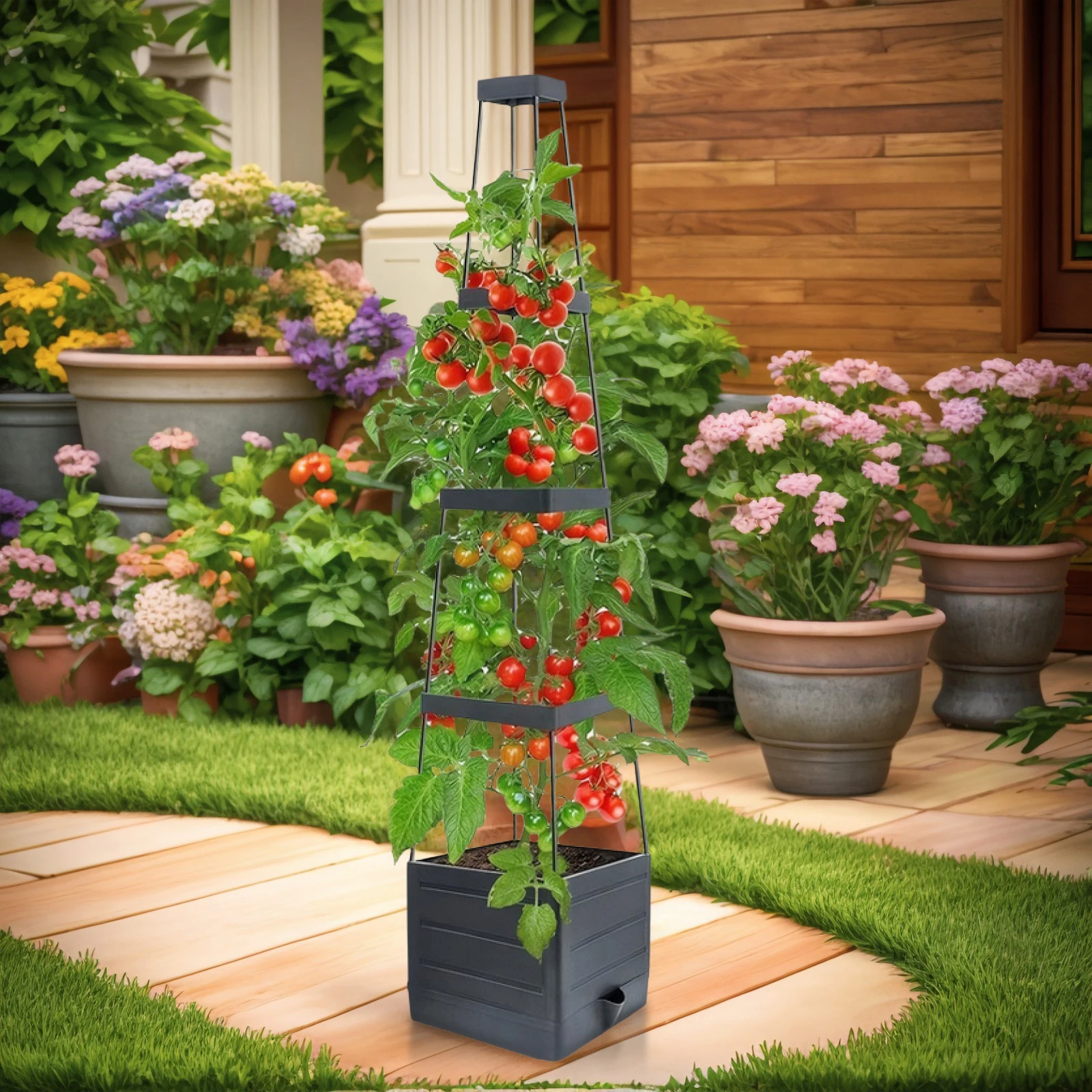 

Raised Garden Bed Planter Box with Trellis Tomato Cage Planter Self-Watering Planter Box for Patio Greenhouse