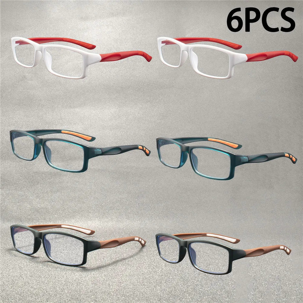 

6PCS Sport Style Non-Prescription Reading Glasses Anti-Blue Light Rectangular Full Rim Eyewear, PC Frame Material