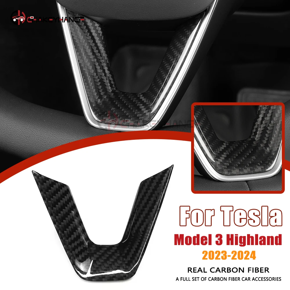 

Dry Carbon Fiber Decoration Sticker Cover Steering Wheel Trim Car Interior Accessories for 2023-2024 Tesla Model 3 Highland