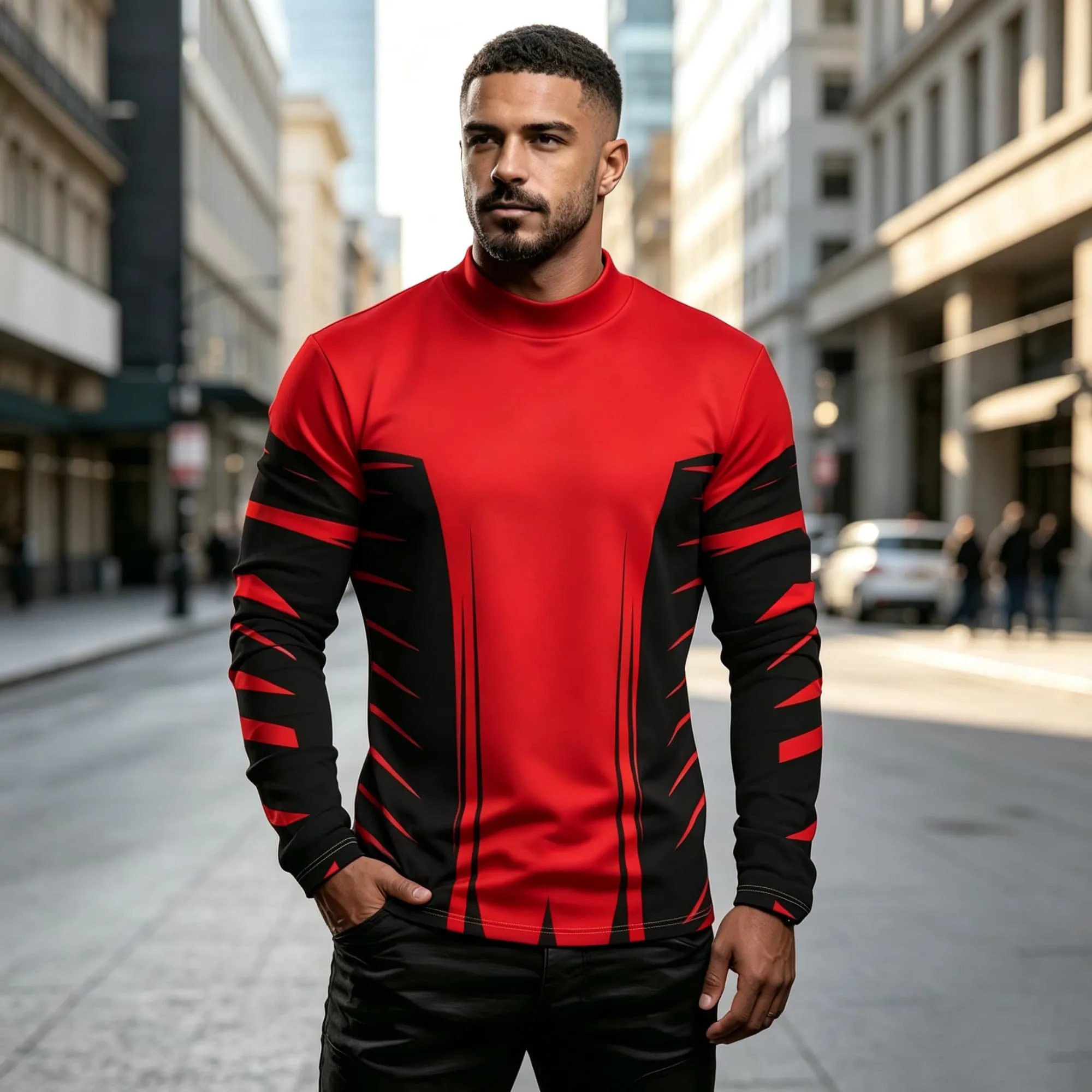 T-shirt décontracté à manches longues pour homme, style sport-cosplay, noir, à rayures angulaires, col montant, pour usage quotidien et streetwear.