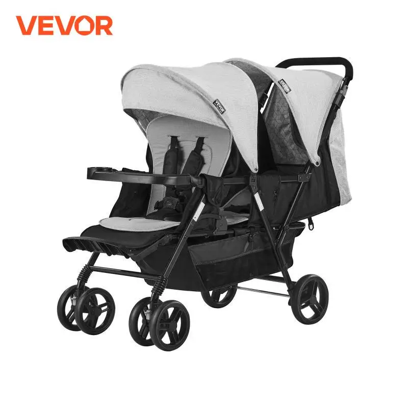 Cochecito doble VEVOR, cochecito doble ligero y plegable con asiento en tándem, cesta de almacenamiento y bandeja para recién nacido (gris claro y negro)