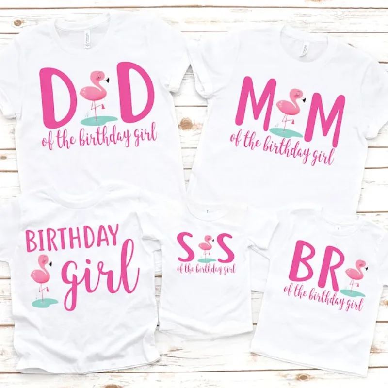 Flamingo Print Birthday T-Shirt, Cute Family Matching Clothes, Camisas de festa para menina