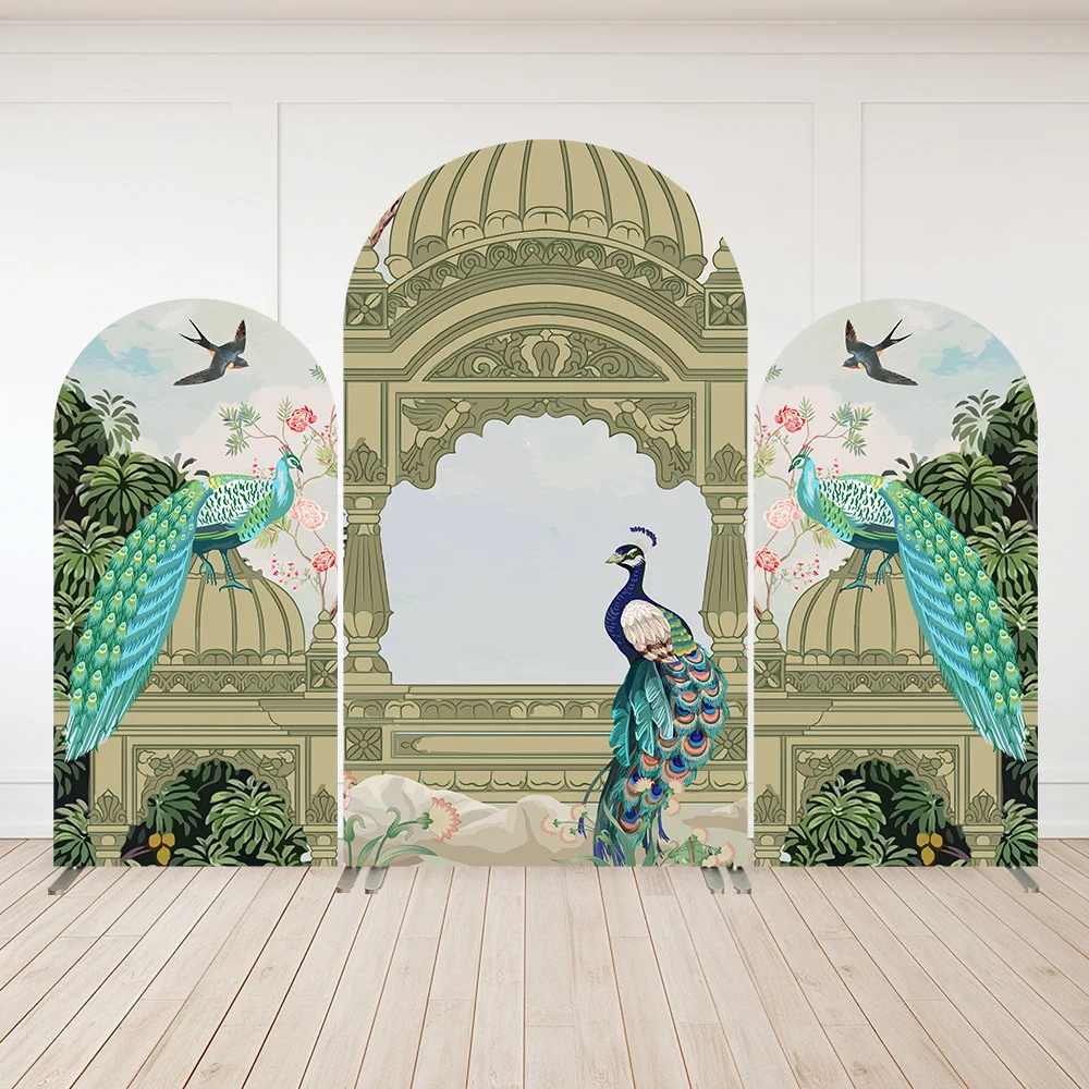 

Индийский павлин, арочные настенные панели Mughal Garden Lotus, фон для дня рождения, арка, двусторонний фон