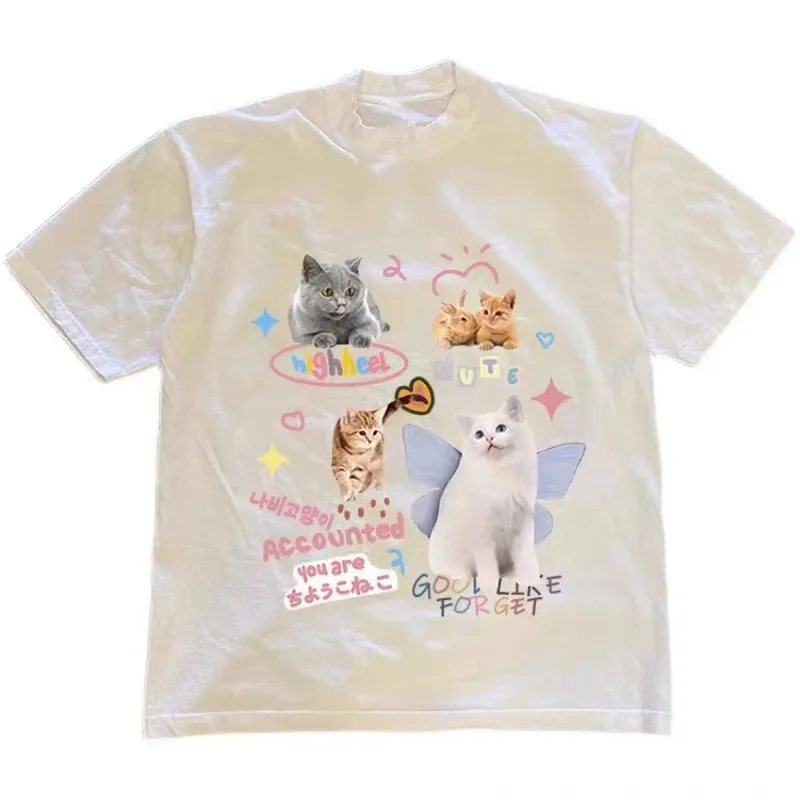 Retro Summer Hip Hop Harajuku Vintage Cat Print Oversized T Shirt Street Short Sleeve Casual Female T-shirts Y2k Punk Clothes