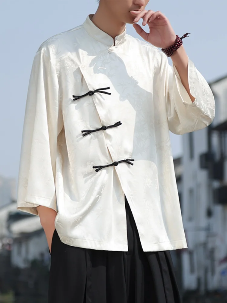 

Мужская рубашка из ледяного шелка на пуговицах, с коротким рукавом, тонкая, в новом китайском стиле, с ретро-пуговицами-дисками, в стиле Тан, летняя, прохладная