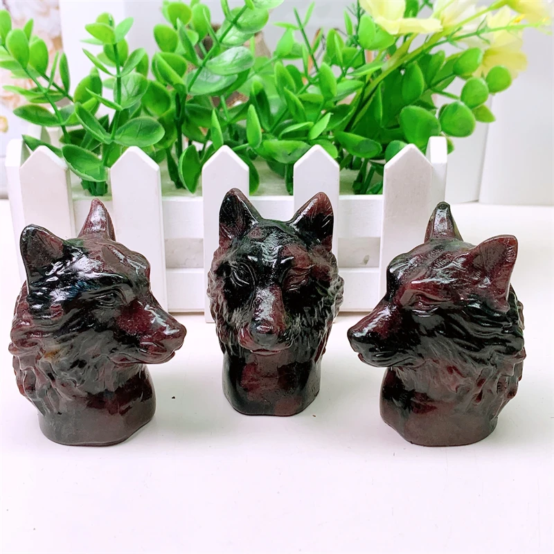 Natural Garnet Wolf Head Carving Handmade Carved For Halloween Christmas Home Decoration Crafts Gift 1pcs