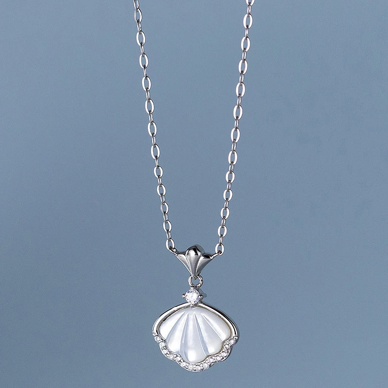 Fashion Shell Fan-shaped Zircon Pendant Necklace 925 Sterling Silver Women's Clavicle Chain Necklace Jewelry Girl Gift